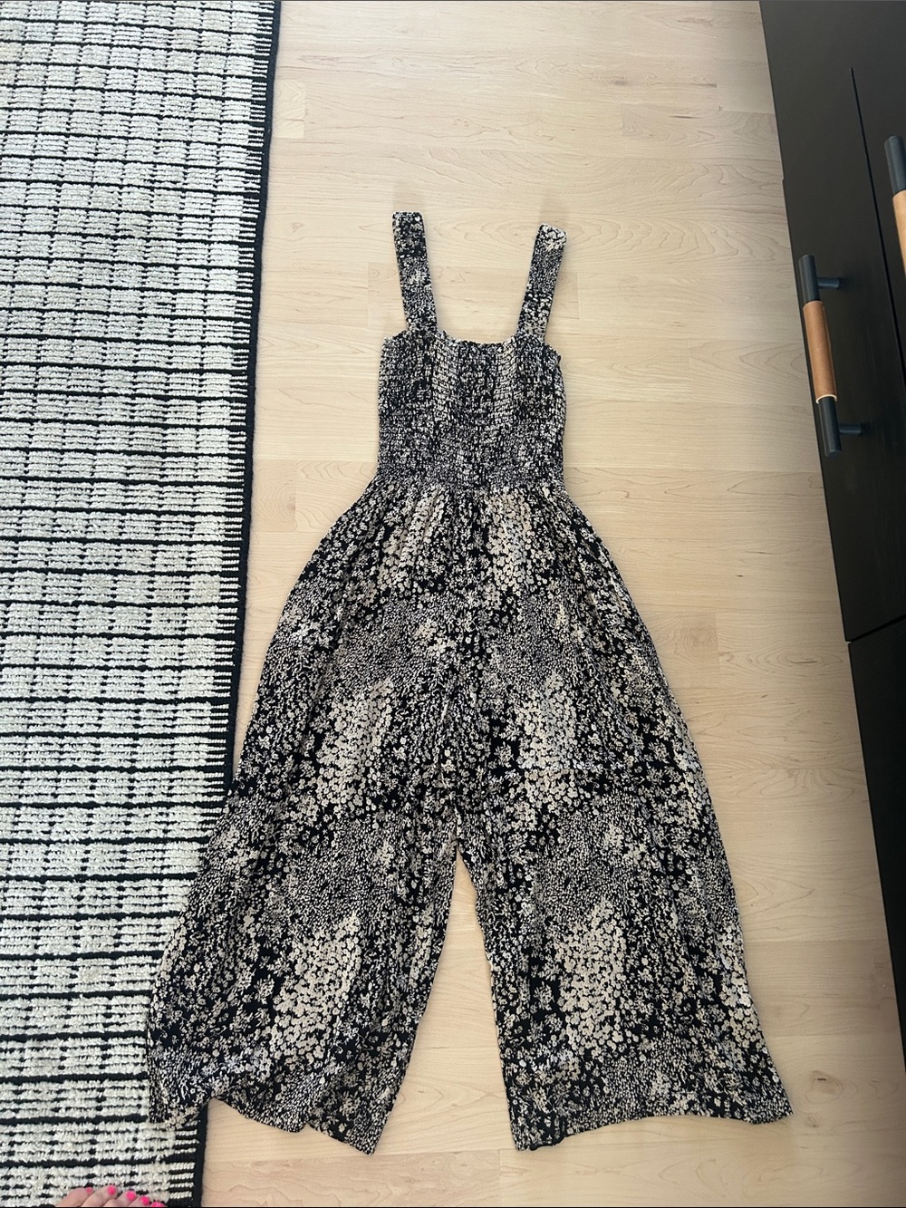 Floral Smocked Ankle Jumpsuit in Black and Cream